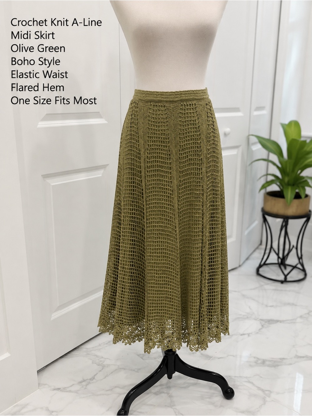 Very Vera Olive Green Crochet Maxi Skirt Lace Trim Size S